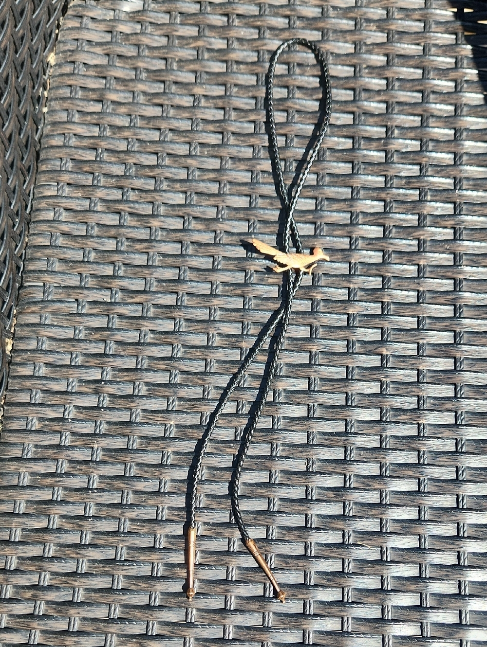 Copper Bird bolo Tie Necklace on Black Leather Braided Cord 18 Inches